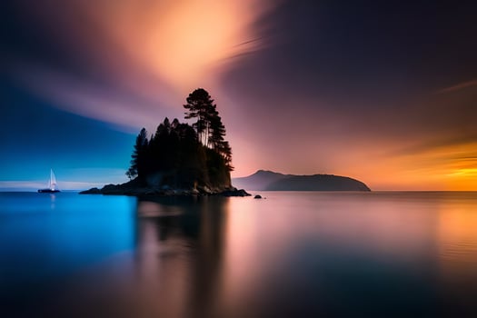 a lone tree on the shore of a lake at sunset. AI-Generated photo