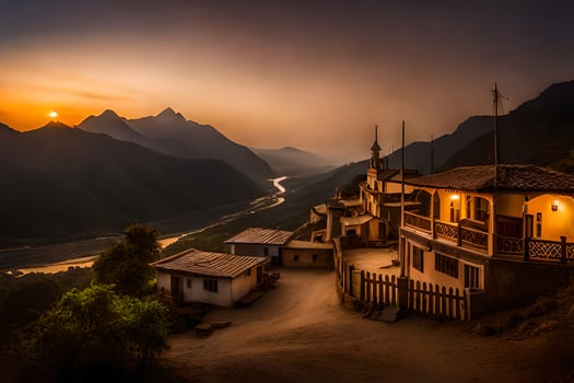 a small village in the mountains at sunset. AI-Generated photo