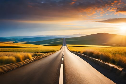 a long road with the sun setting over the fields. AI-Generated photo