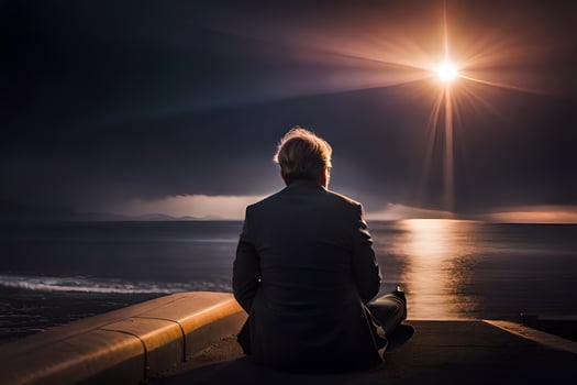a man sitting on the edge of a dock looking at the sun. AI-Generated photo