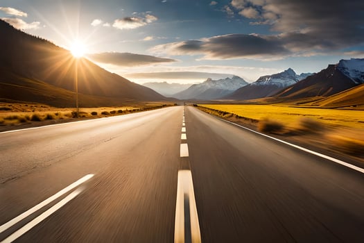 a road in the mountains with the sun shining. AI-Generated photo