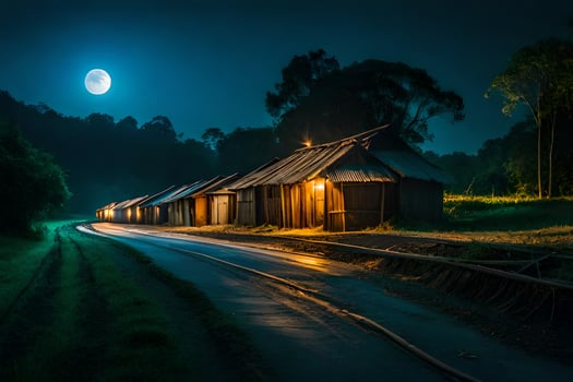 a moonlit road with a few wooden huts and a full moon. AI-Generated photo