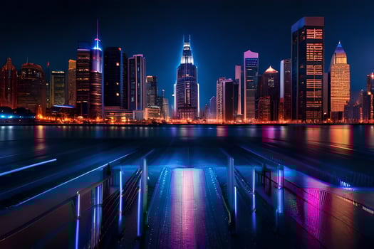 the city skyline at night with lights on. AI-Generated photo