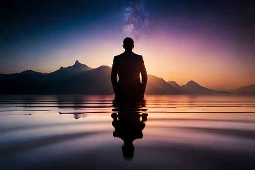 a man standing in the water at sunset. AI-Generated photo