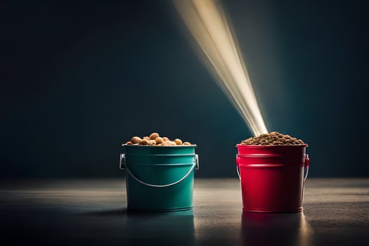 two buckets of peanuts on a table. AI-Generated photo
