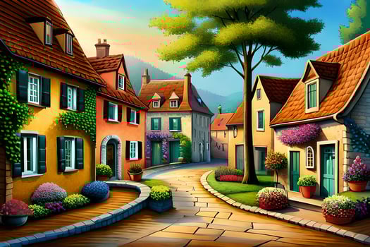 a painting of a street in a small town. AI-Generated photo