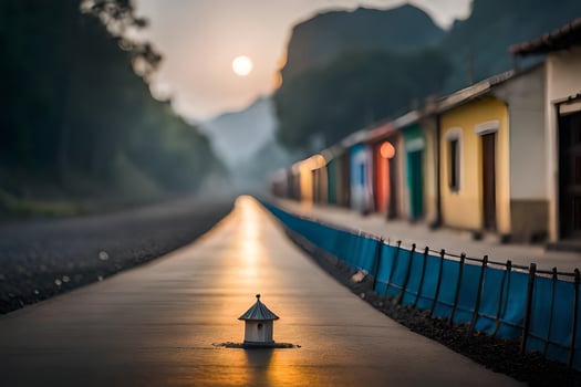 a lone lamp post on the side of a road. AI-Generated photo