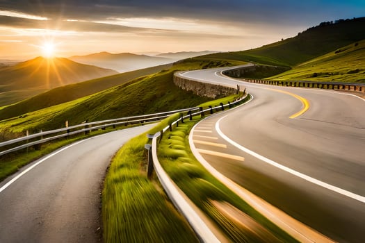 a winding road with the sun setting behind it. AI-Generated photo