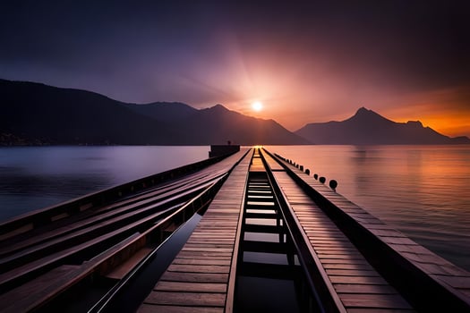 a pier with a sunset over the water. AI-Generated photo