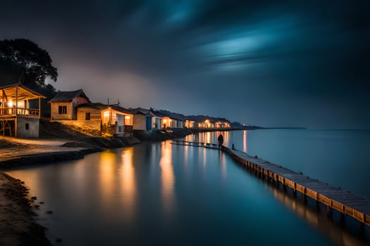 a pier at night with houses on the shore. AI-Generated photo