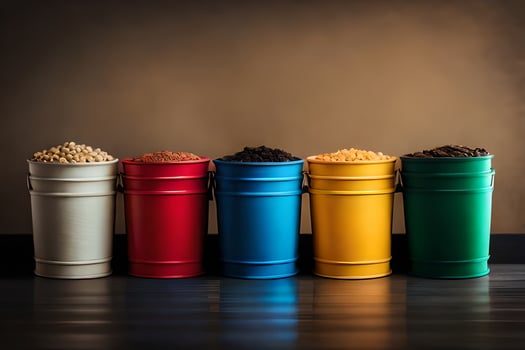 five colorful buckets with different types of beans. AI-Generated photo