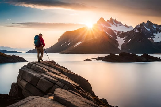 a man with a backpack stands on a rock overlooking a lake and mountains. AI-Generated photo