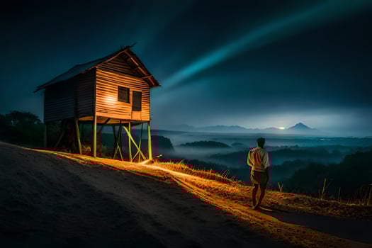 a man standing in front of a hut at night. AI-Generated photo