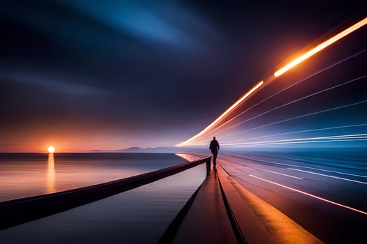 a man stands on a bridge at sunset with long exposure. AI-Generated photo