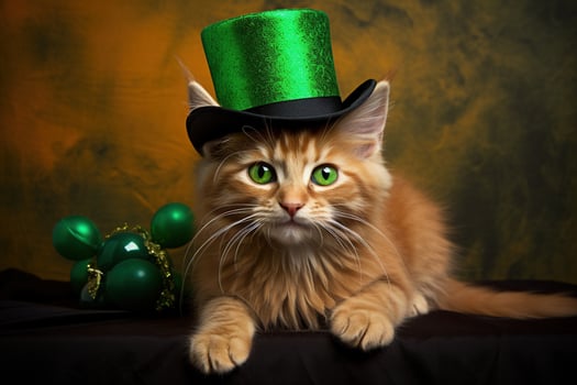 Cute cat wearing a green top hat for St. Patrick's Day. AI generated photo