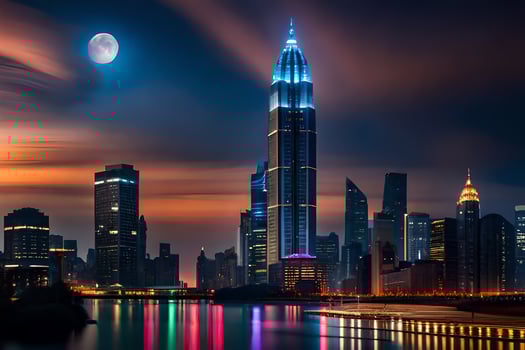 the moon rises over the city skyline at night. AI-Generated photo
