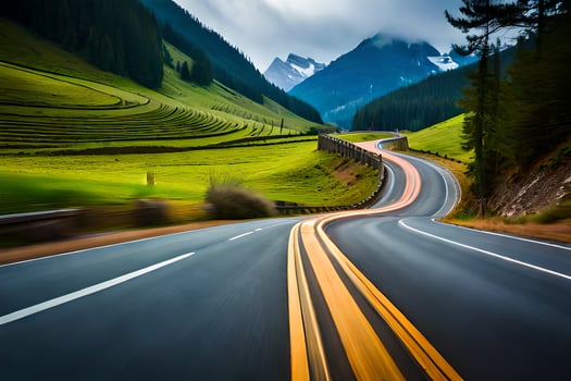a road in the mountains with a green field in the background. AI-Generated photo