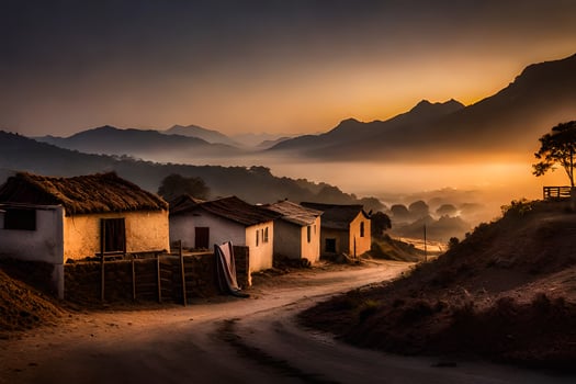 a village in the mountains at sunset. AI-Generated photo