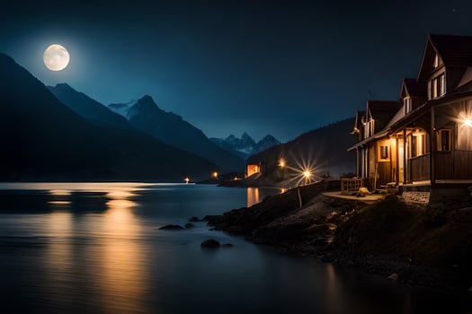 a cabin in the mountains at night with a full moon. AI-Generated photo