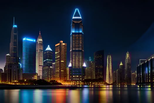 the city skyline at night with lights on. AI-Generated photo