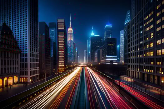 a city street at night with traffic lights. AI-Generated photo