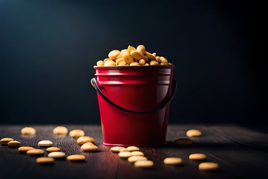 a red bucket filled with peanuts on a dark table. AI-Generated photo