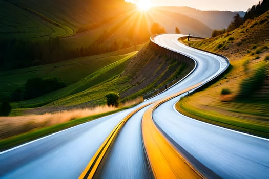 a long winding road with the sun setting behind it. AI-Generated photo