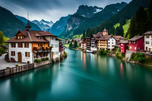 photo wallpaper the sky, mountains, water, houses, switzerland, alpine, switzerland. AI-Generated