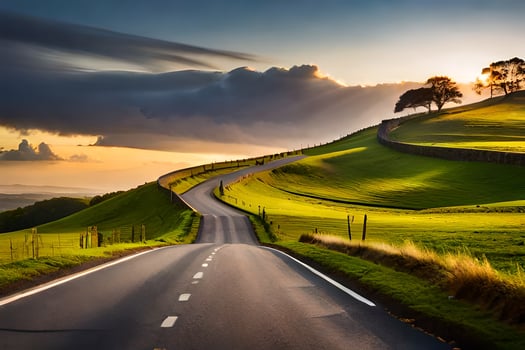 a road winding through a green hill with a sunset. AI-Generated photo