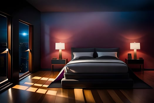 a bedroom with a bed and nightstands. AI-Generated photo