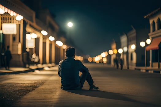 a man sitting alone on the street at night. AI-Generated photo