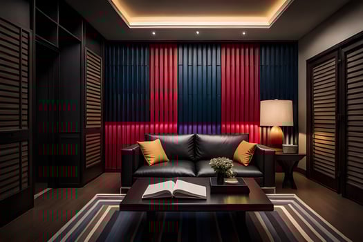 a living room with a couch, coffee table and a red and blue striped wall. AI-Generated photo