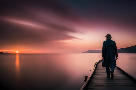 a man in a hat walks along a pier at sunset. AI-Generated photo