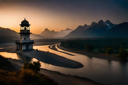 a lighthouse stands on the shore of a river at sunset. AI-Generated photo