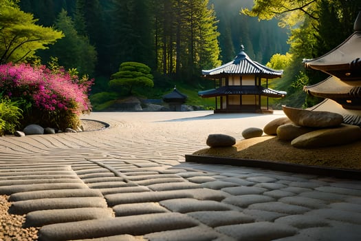 a stone path leads to a pagoda in the middle of a forest. AI-Generated photo