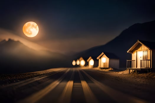 photo wallpaper the moon, road, houses, mountains, road, the road, the road,. AI-Generated