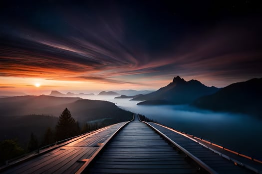 a train track leading to the mountains at sunset. AI-Generated photo
