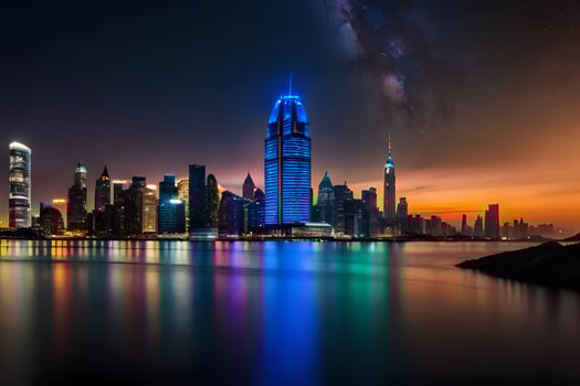 the city skyline at night with a colorful sky. AI-Generated photo