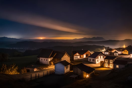 photo wallpaper the sky, mountains, night, village, moon, light, light, light,. AI-Generated