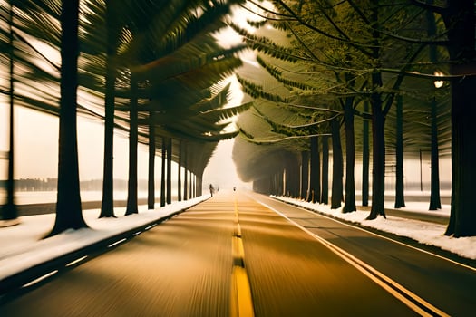 a long road with trees and snow on it. AI-Generated photo
