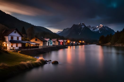 photo wallpaper the sky, mountains, lake, houses, the night, the mountains, the lake. AI-Generated