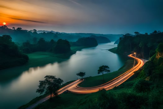 a long exposure photograph of a river and road at sunset. AI-Generated photo