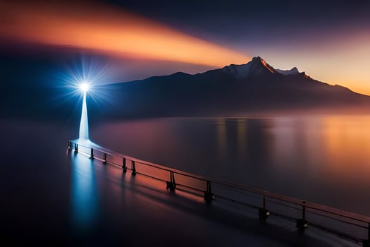 a lighthouse stands in the middle of a lake at sunset. AI-Generated photo