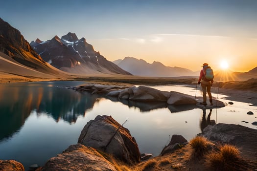 a man standing on a rock overlooking a lake at sunset. AI-Generated photo