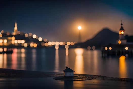 a small house sits on the shore of a lake at night. AI-Generated photo