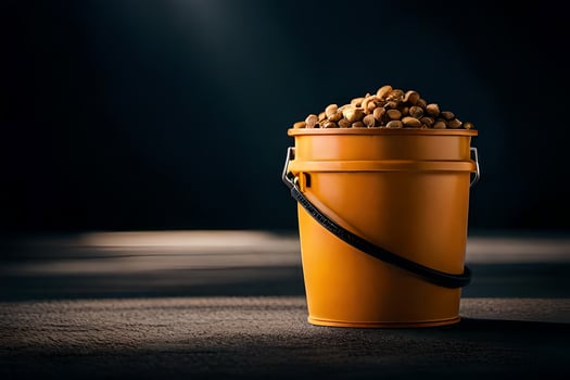 a bucket filled with peanuts on a dark background. AI-Generated photo