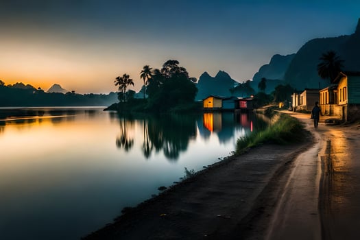 the sun sets over a river in the mountains. AI-Generated photo