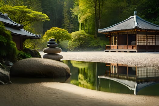 a japanese pagoda sits in the middle of a pond. AI-Generated photo
