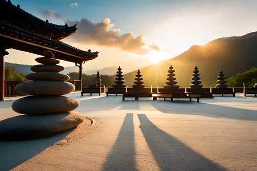 a stone bench in front of a mountain with the sun setting behind it. AI-Generated photo