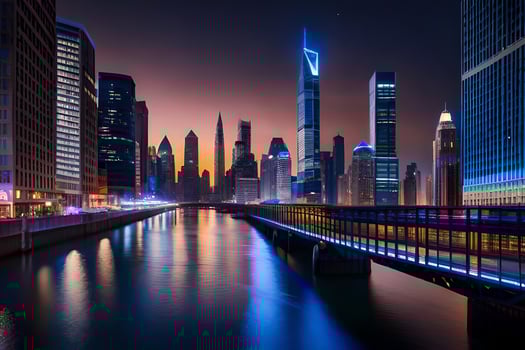 the city skyline at night with a river and bridge. AI-Generated photo